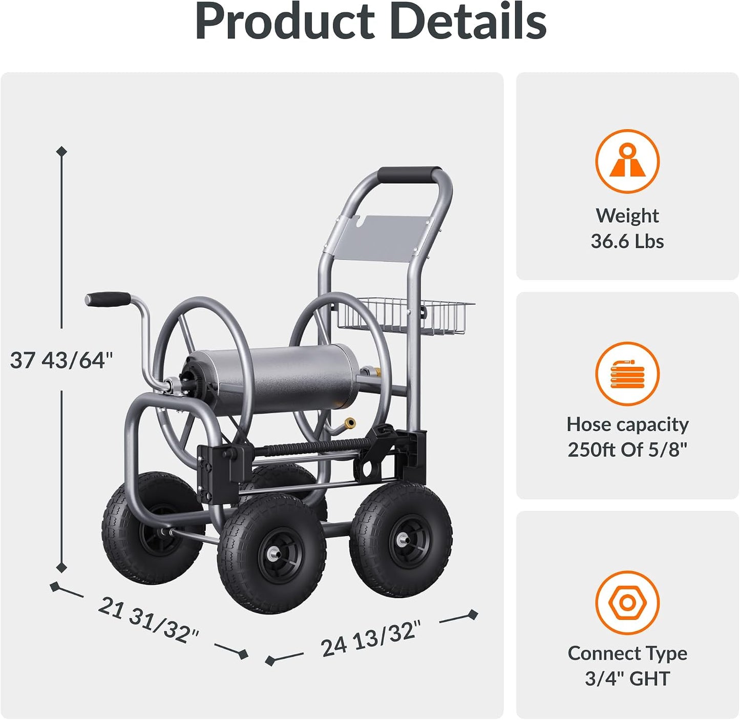 Garden Hose Reel Cart with Wheels,250FT 5/8" Hose Capacity