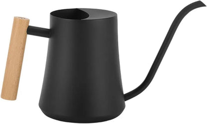 Indoor Watering Can with Long Spout, 34oz Capacity, Black Metal with Wood Handle (Black-W1)