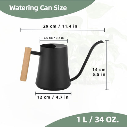 Indoor Watering Can with Long Spout, 34oz Capacity, Black Metal with Wood Handle (Black-W1)