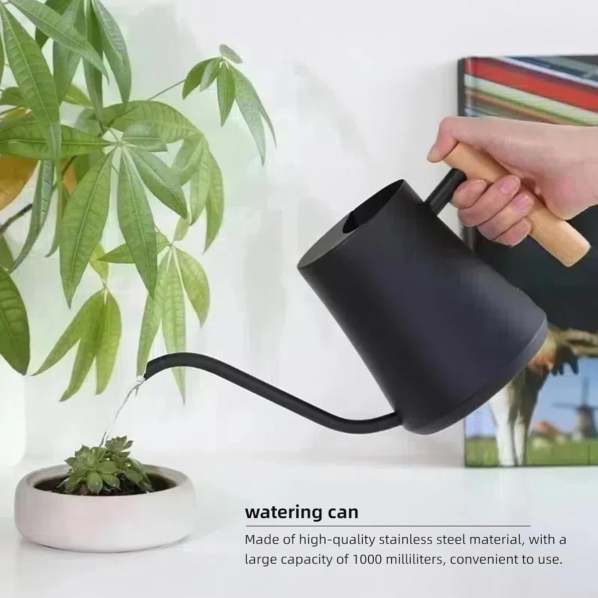 Indoor Watering Can with Long Spout, 34oz Capacity, Black Metal with Wood Handle (Black-W1)
