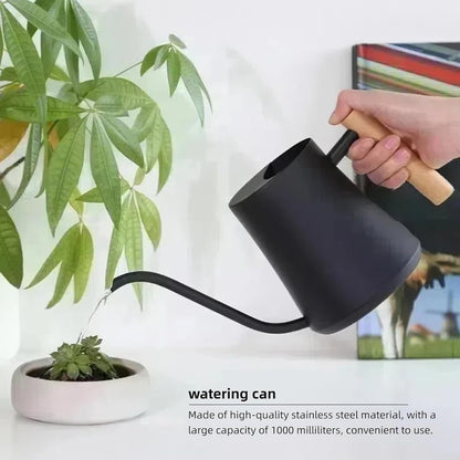 Indoor Watering Can with Long Spout, 34oz Capacity, Black Metal with Wood Handle (Black-W1)