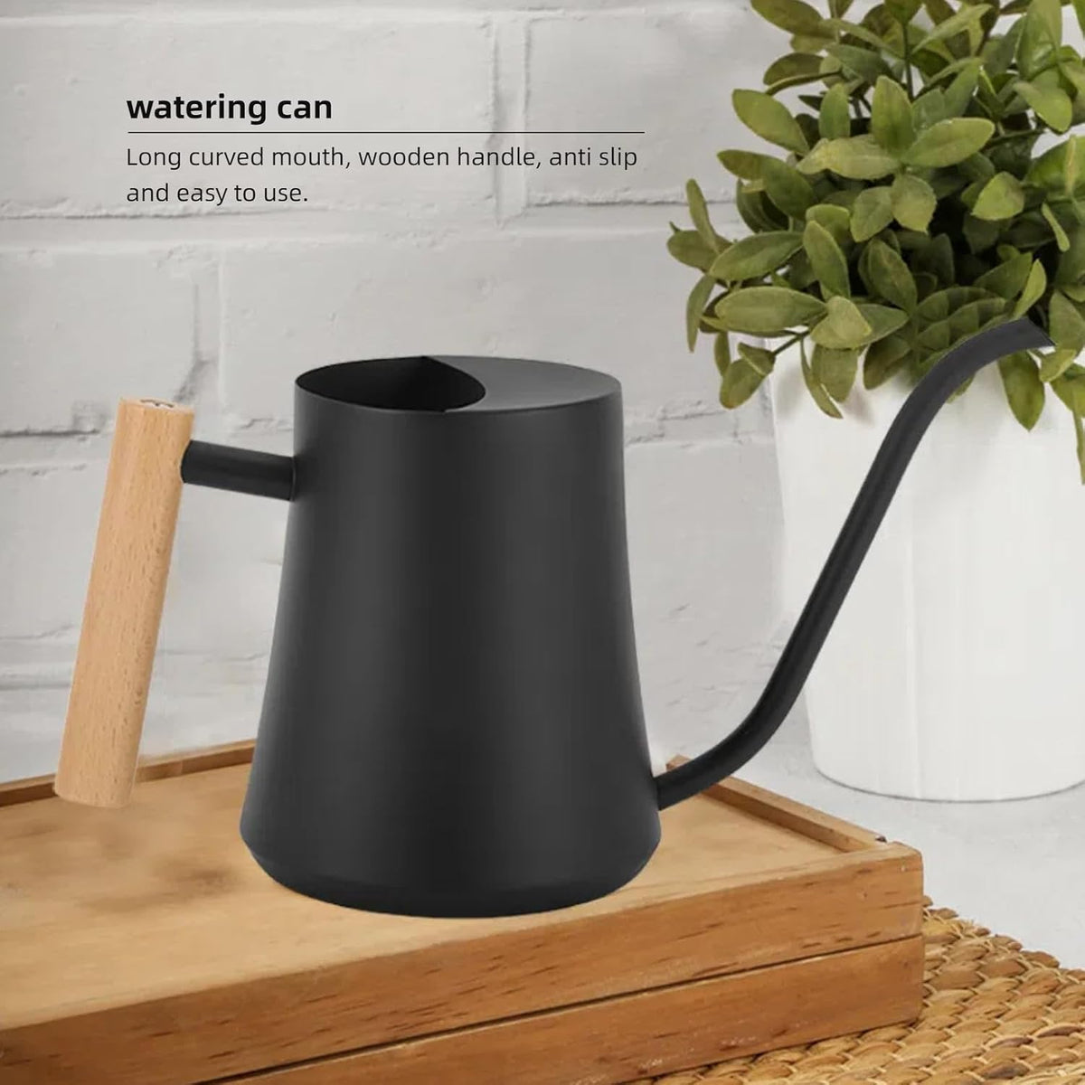 Indoor Watering Can with Long Spout, 34oz Capacity, Black Metal with Wood Handle (Black-W1)