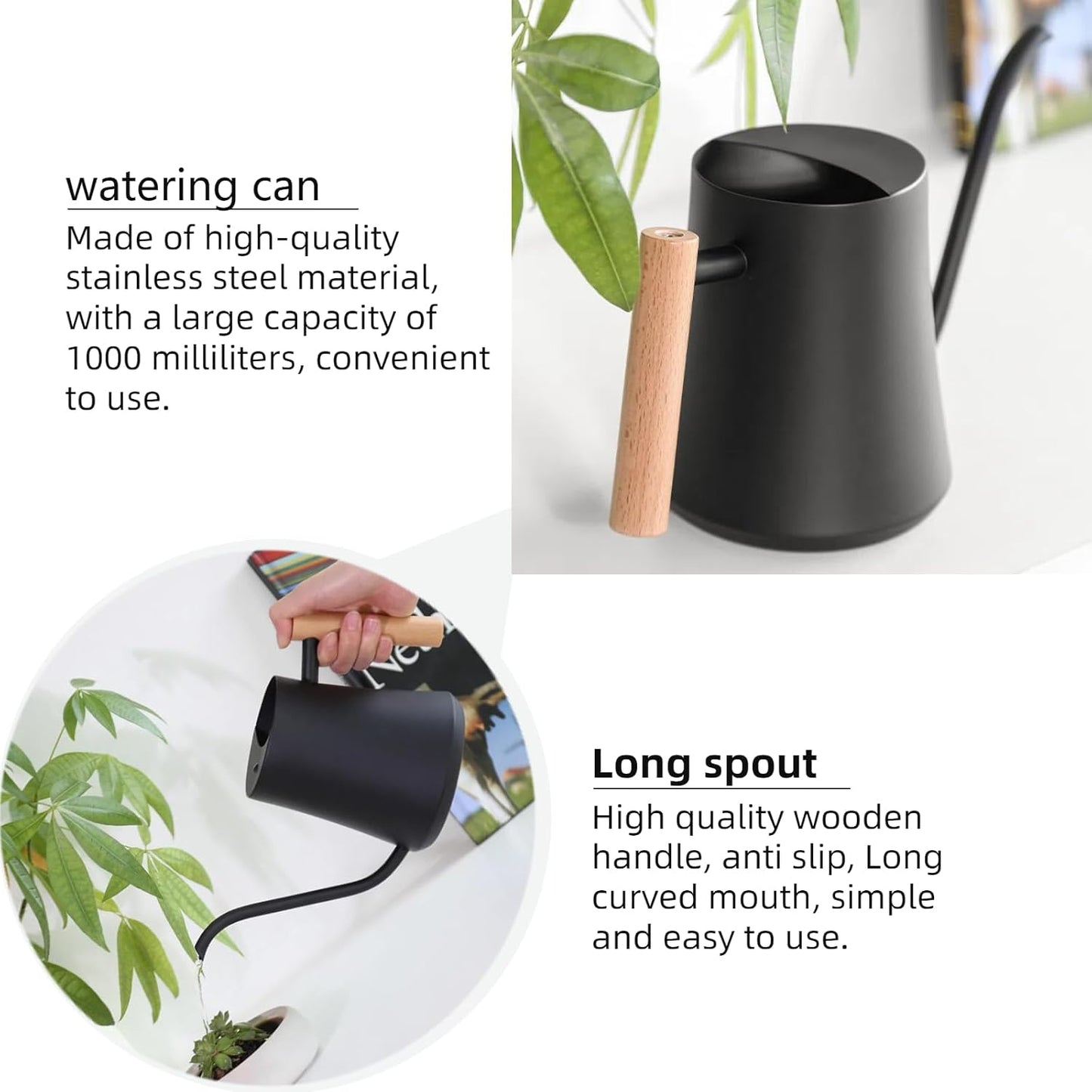 Indoor Watering Can with Long Spout, 34oz Capacity, Black Metal with Wood Handle (Black-W1)