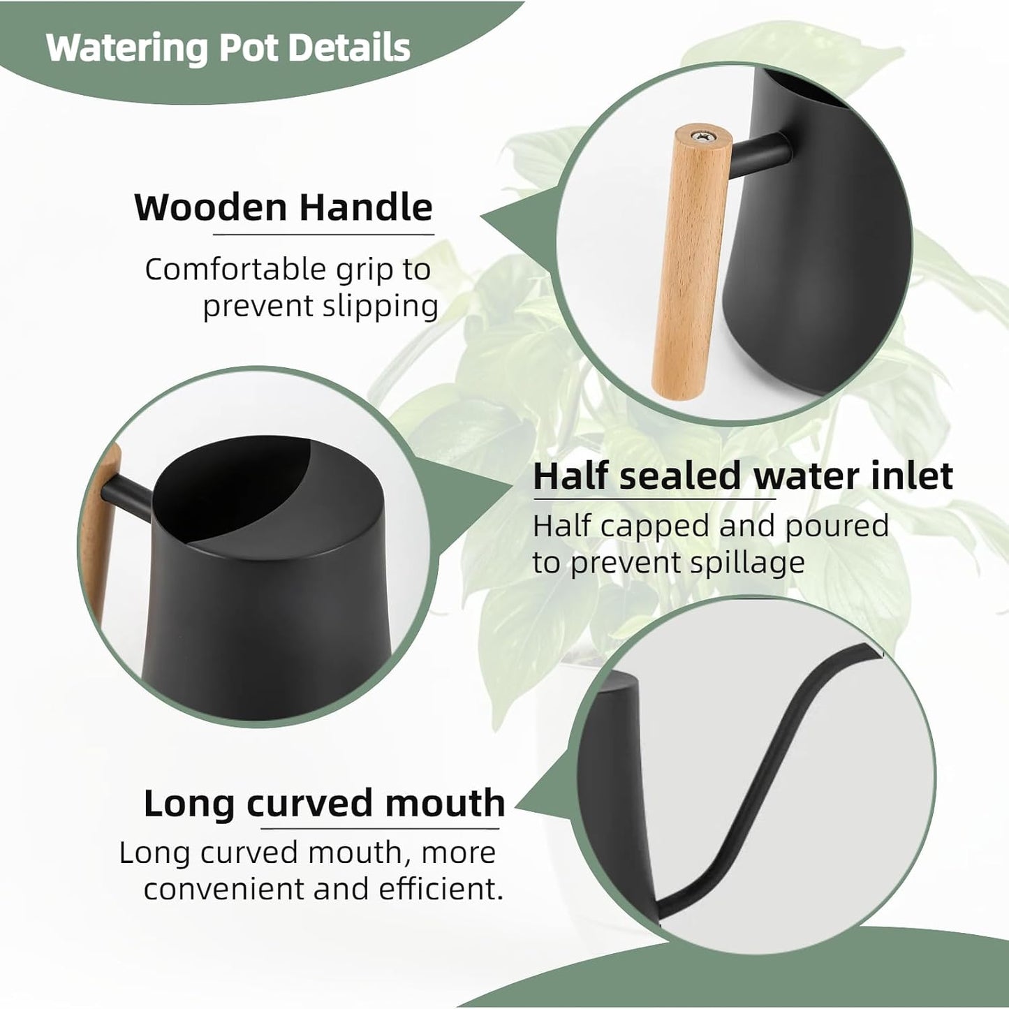 Indoor Watering Can with Long Spout, 34oz Capacity, Black Metal with Wood Handle (Black-W1)