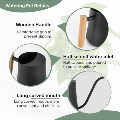 Indoor Watering Can with Long Spout, 34oz Capacity, Black Metal with Wood Handle (Black-W1)