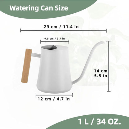 Indoor Watering Can with Long Spout, 34oz Capacity, Black Metal with Wood Handle (Black-W1)