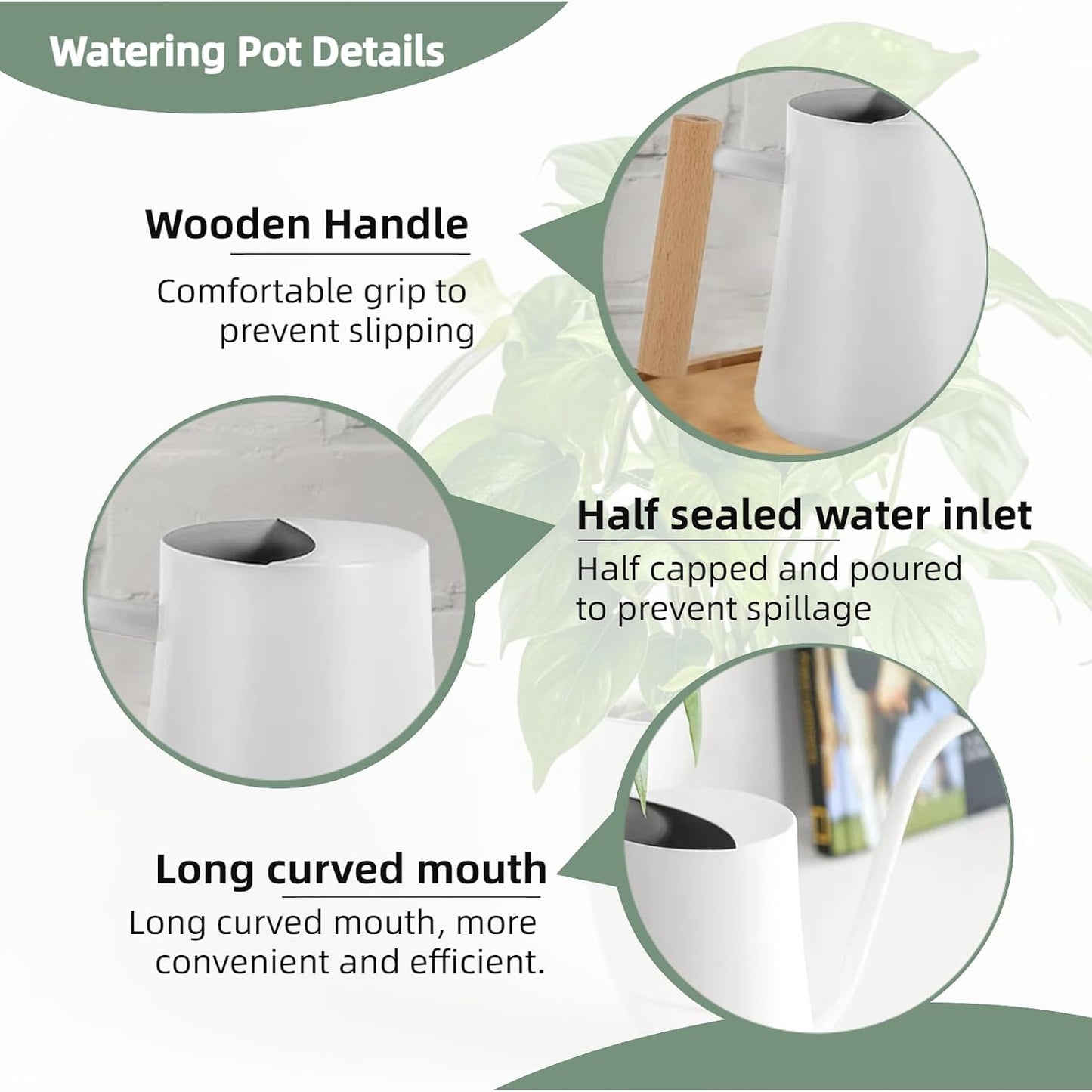 Indoor Watering Can with Long Spout, 34oz Capacity, Black Metal with Wood Handle (Black-W1)