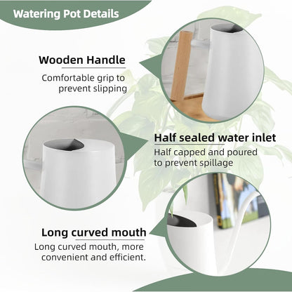 Indoor Watering Can with Long Spout, 34oz Capacity, Black Metal with Wood Handle (Black-W1)