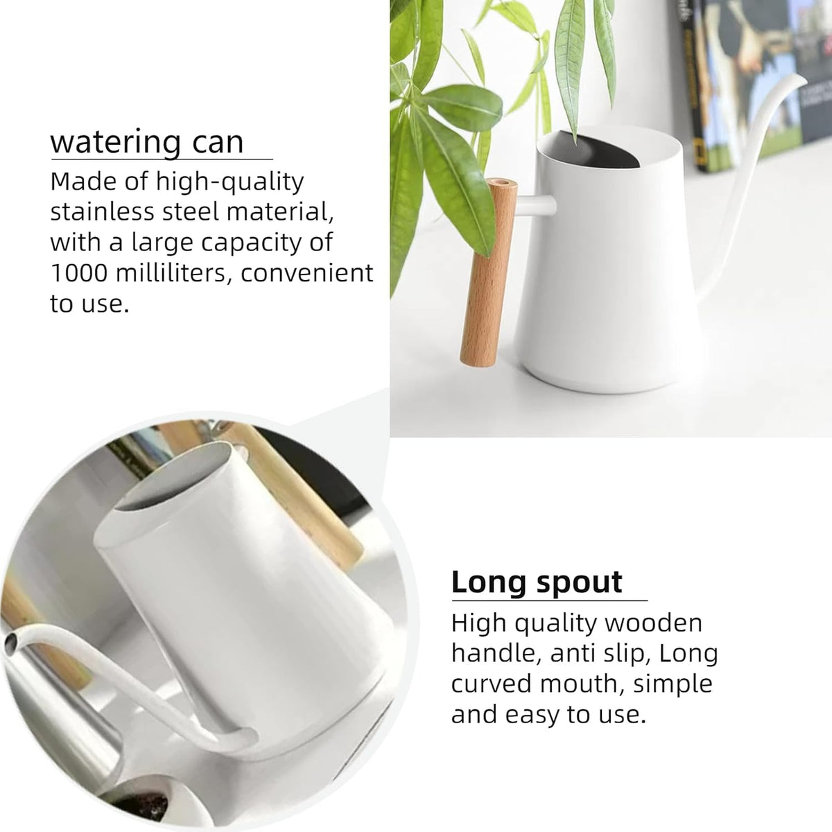 Indoor Watering Can with Long Spout, 34oz Capacity, Black Metal with Wood Handle (Black-W1)