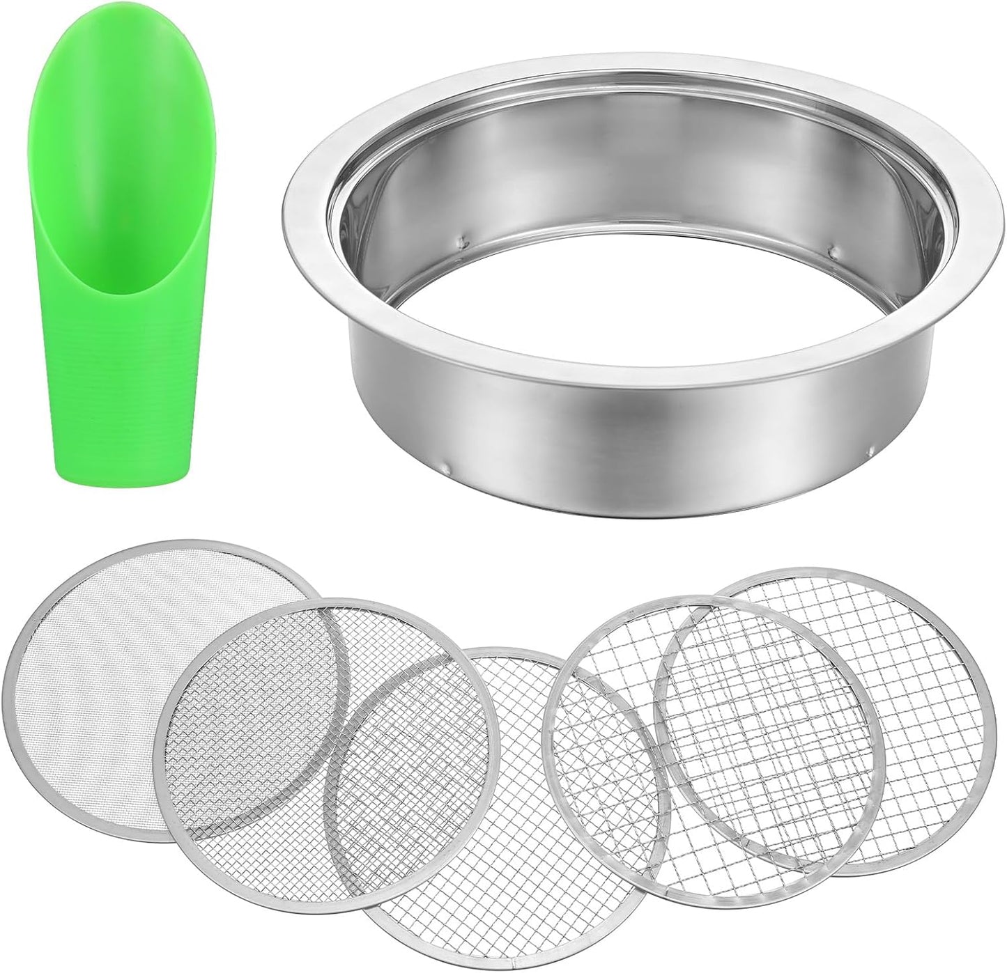 Soil Sieve Set with 5 Stainless Steel Mesh Sifter Screens (1/3/6/9/12mm) & Plastic Scoop - 7.7" Diameter Garden Soil Sifter for Compost, Sand, Rocks