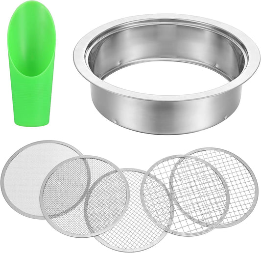 Soil Sieve Set with 5 Stainless Steel Mesh Sifter Screens (1/3/6/9/12mm) & Plastic Scoop - 7.7" Diameter Garden Soil Sifter for Compost, Sand, Rocks