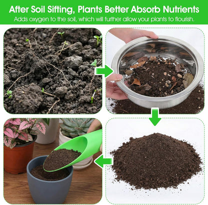 Soil Sieve Set with 5 Stainless Steel Mesh Sifter Screens (1/3/6/9/12mm) & Plastic Scoop - 7.7" Diameter Garden Soil Sifter for Compost, Sand, Rocks