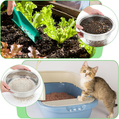 Soil Sieve Set with 5 Stainless Steel Mesh Sifter Screens (1/3/6/9/12mm) & Plastic Scoop - 7.7" Diameter Garden Soil Sifter for Compost, Sand, Rocks