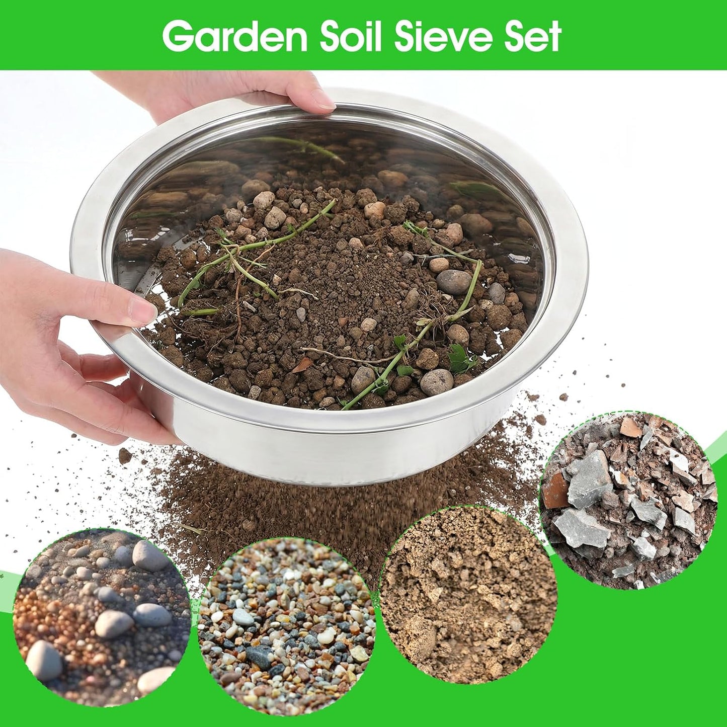 Soil Sieve Set with 5 Stainless Steel Mesh Sifter Screens (1/3/6/9/12mm) & Plastic Scoop - 7.7" Diameter Garden Soil Sifter for Compost, Sand, Rocks