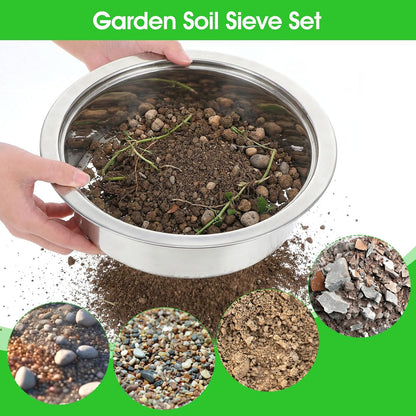 Soil Sieve Set with 5 Stainless Steel Mesh Sifter Screens (1/3/6/9/12mm) & Plastic Scoop - 7.7" Diameter Garden Soil Sifter for Compost, Sand, Rocks
