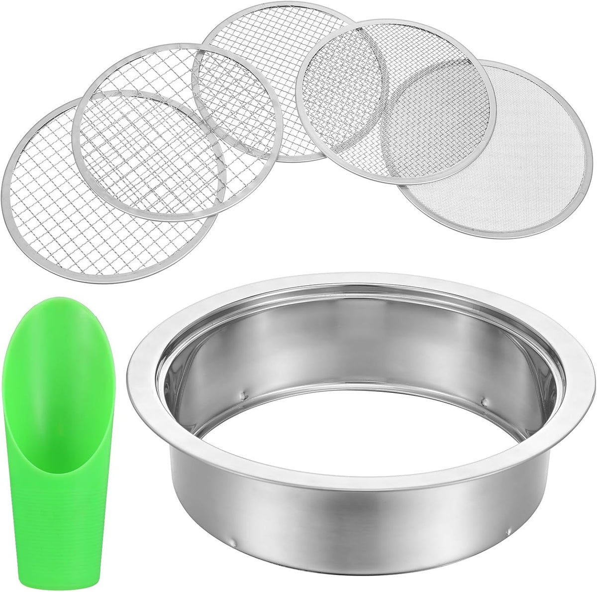 Soil Sieve Set with 5 Stainless Steel Mesh Sifter Screens (1/3/6/9/12mm) & Plastic Scoop - 7.7" Diameter Garden Soil Sifter for Compost, Sand, Rocks