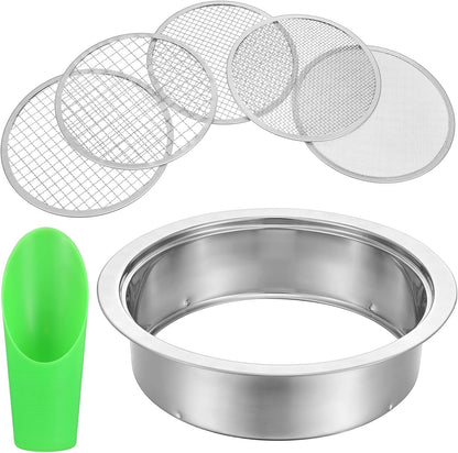 Soil Sieve Set with 5 Stainless Steel Mesh Sifter Screens (1/3/6/9/12mm) & Plastic Scoop - 7.7" Diameter Garden Soil Sifter for Compost, Sand, Rocks