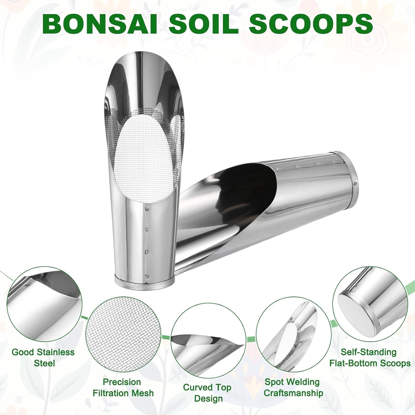 1-Set Bonsai Soil Scoops, 2.4inch/6cm Stainless Steel Garden Soil Scoop Bucket Shovels and Soil Sifter for Transplanting/Flower Planting, Small Gardening Tool [Silver Tone]