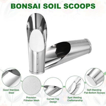 1-Set Bonsai Soil Scoops, 2.4inch/6cm Stainless Steel Garden Soil Scoop Bucket Shovels and Soil Sifter for Transplanting/Flower Planting, Small Gardening Tool [Silver Tone]