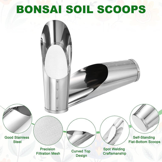 1-Set Bonsai Soil Scoops, 2.4inch/6cm Stainless Steel Garden Soil Scoop Bucket Shovels and Soil Sifter for Transplanting/Flower Planting, Small Gardening Tool [Silver Tone]