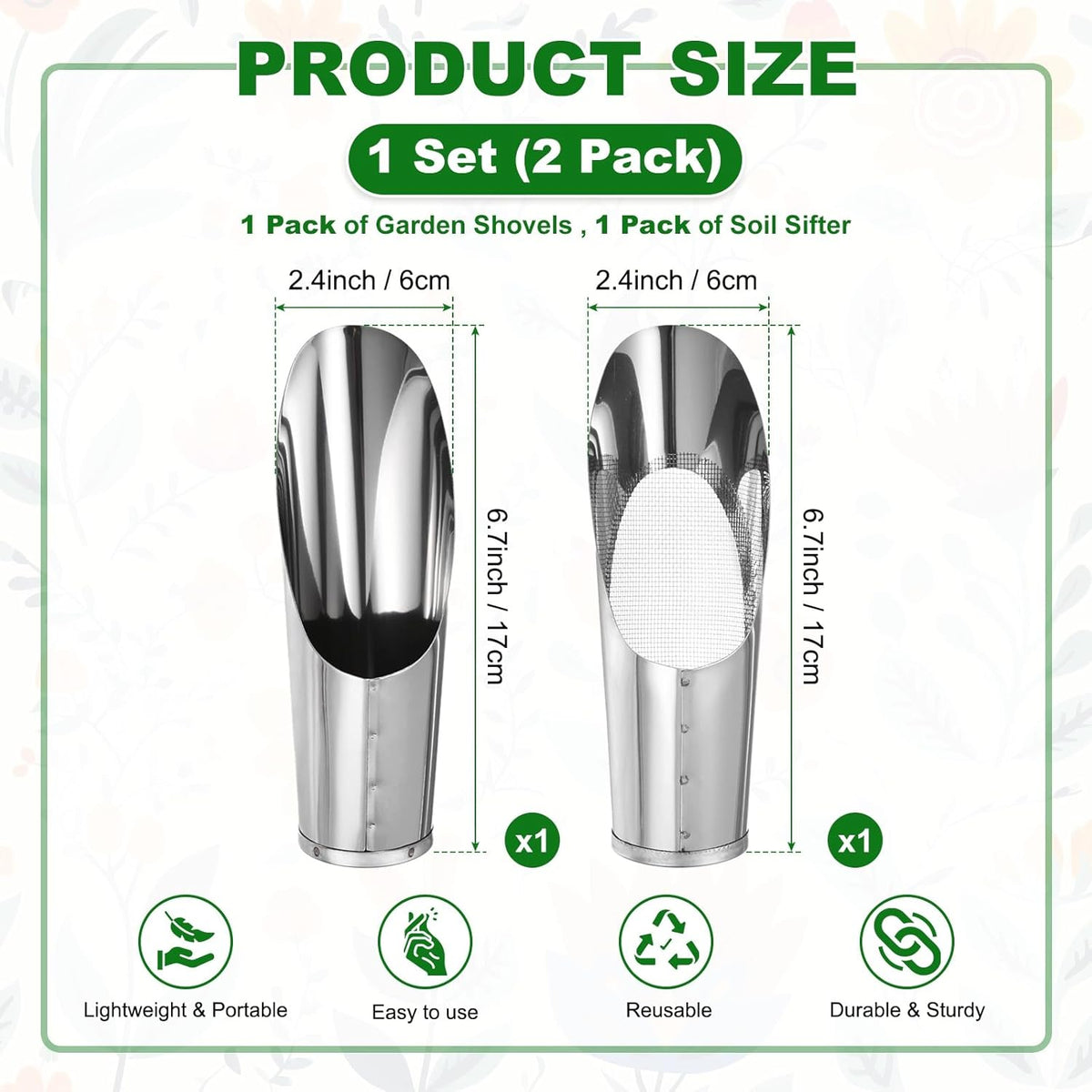1-Set Bonsai Soil Scoops, 2.4inch/6cm Stainless Steel Garden Soil Scoop Bucket Shovels and Soil Sifter for Transplanting/Flower Planting, Small Gardening Tool [Silver Tone]