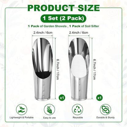 1-Set Bonsai Soil Scoops, 2.4inch/6cm Stainless Steel Garden Soil Scoop Bucket Shovels and Soil Sifter for Transplanting/Flower Planting, Small Gardening Tool [Silver Tone]