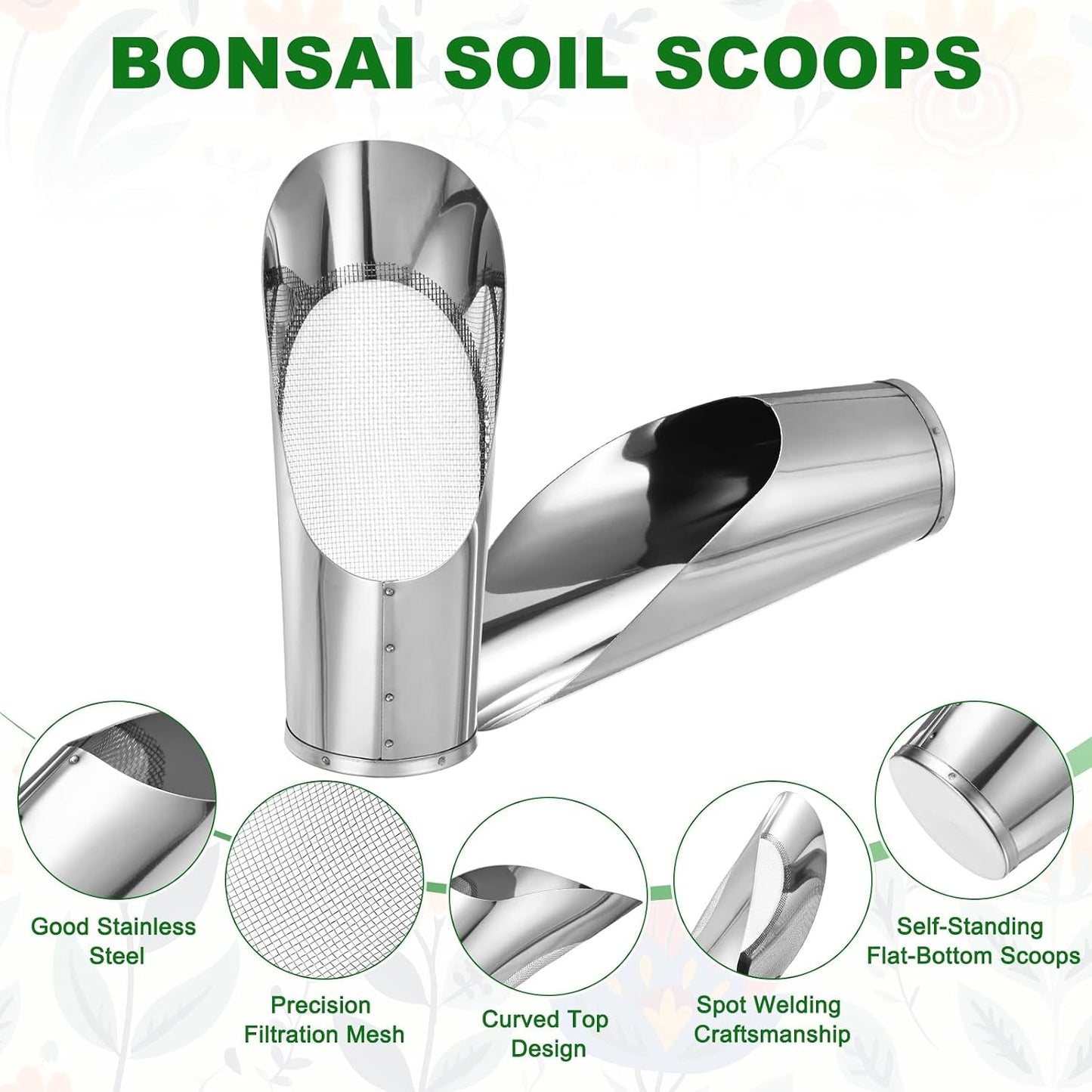 1-Set Bonsai Soil Scoops, 2.4inch/6cm Stainless Steel Garden Soil Scoop Bucket Shovels and Soil Sifter for Transplanting/Flower Planting, Small Gardening Tool [Silver Tone]