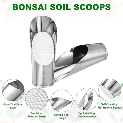 1-Set Bonsai Soil Scoops, 2.4inch/6cm Stainless Steel Garden Soil Scoop Bucket Shovels and Soil Sifter for Transplanting/Flower Planting, Small Gardening Tool [Silver Tone]