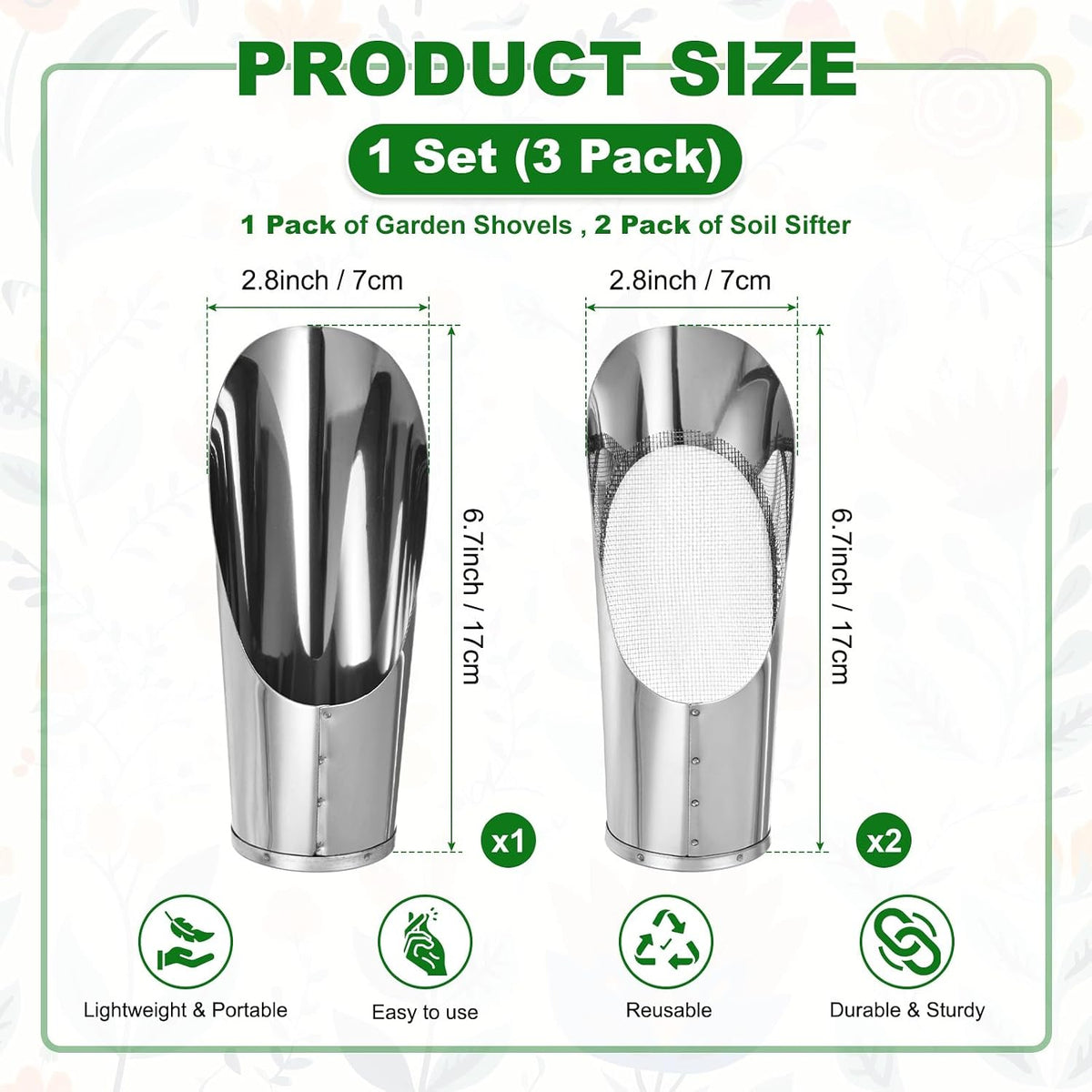 1-Set Bonsai Soil Scoops, 2.4inch/6cm Stainless Steel Garden Soil Scoop Bucket Shovels and Soil Sifter for Transplanting/Flower Planting, Small Gardening Tool [Silver Tone]