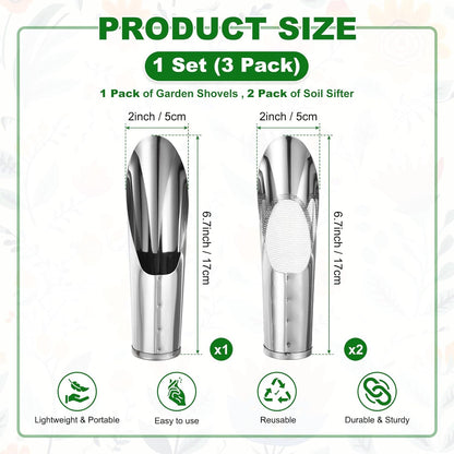 1-Set Bonsai Soil Scoops, 2.4inch/6cm Stainless Steel Garden Soil Scoop Bucket Shovels and Soil Sifter for Transplanting/Flower Planting, Small Gardening Tool [Silver Tone]
