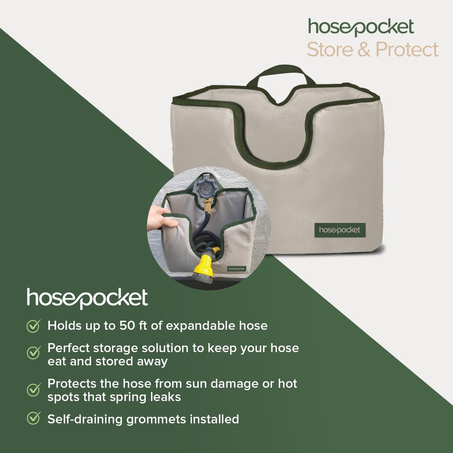 Expandable Garden Hose Holder by Hose Pocket – Store Your Expandable Garden Hose Neatly and Simply – Size Small Designed for 25-50 ft. Hose (Small)