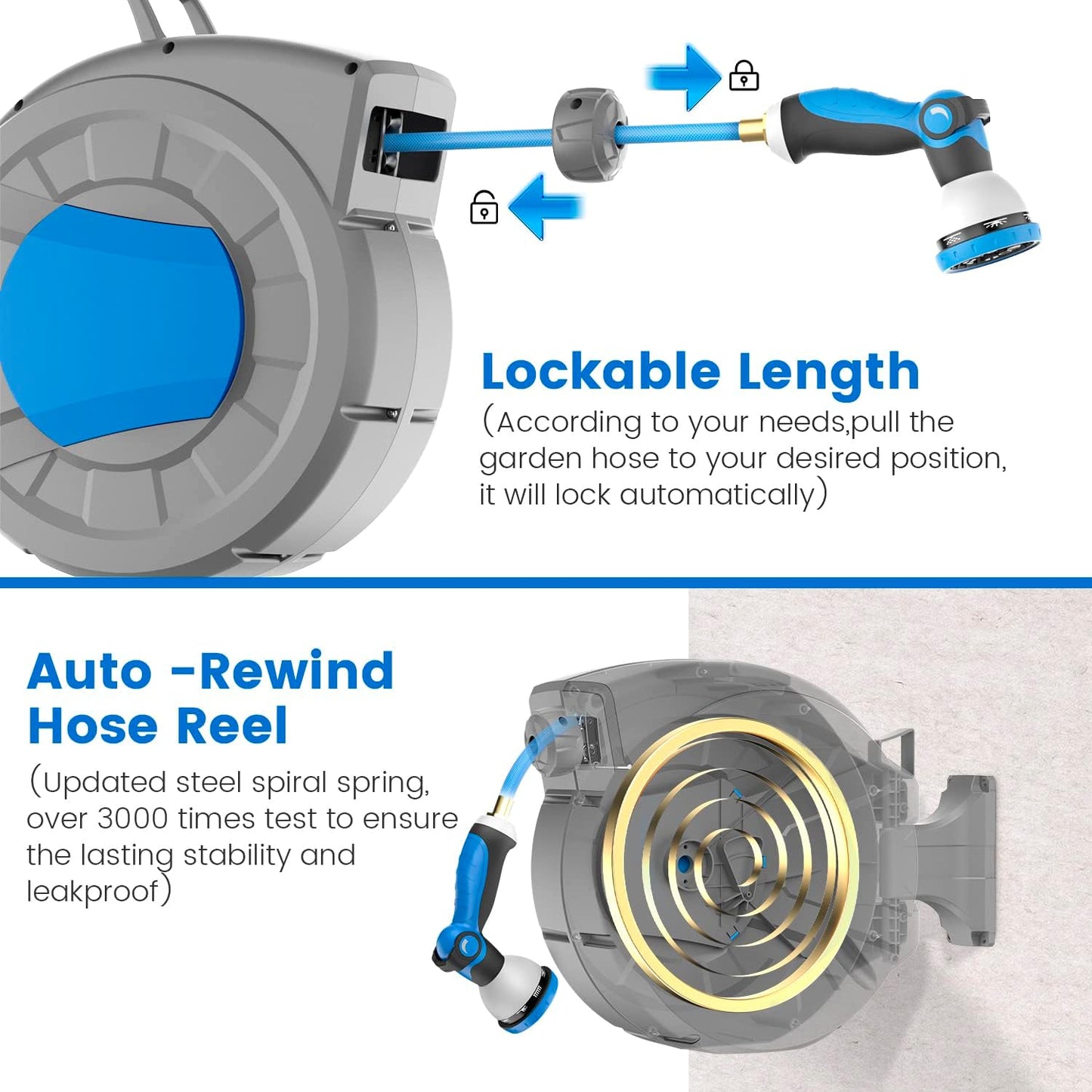 REDUCTUS Retractable Garden Hose Reel Wall Mount 1/2" x 100 ft + 6.5 ft Water Hose Reel for Outside with 10 Pattern Nozzle, Automatic Slow Rewind System/Lock Any Length/180°Swivel
