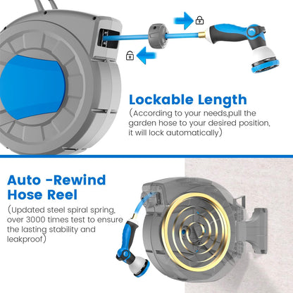REDUCTUS Retractable Garden Hose Reel Wall Mount 1/2" x 100 ft + 6.5 ft Water Hose Reel for Outside with 10 Pattern Nozzle, Automatic Slow Rewind System/Lock Any Length/180°Swivel