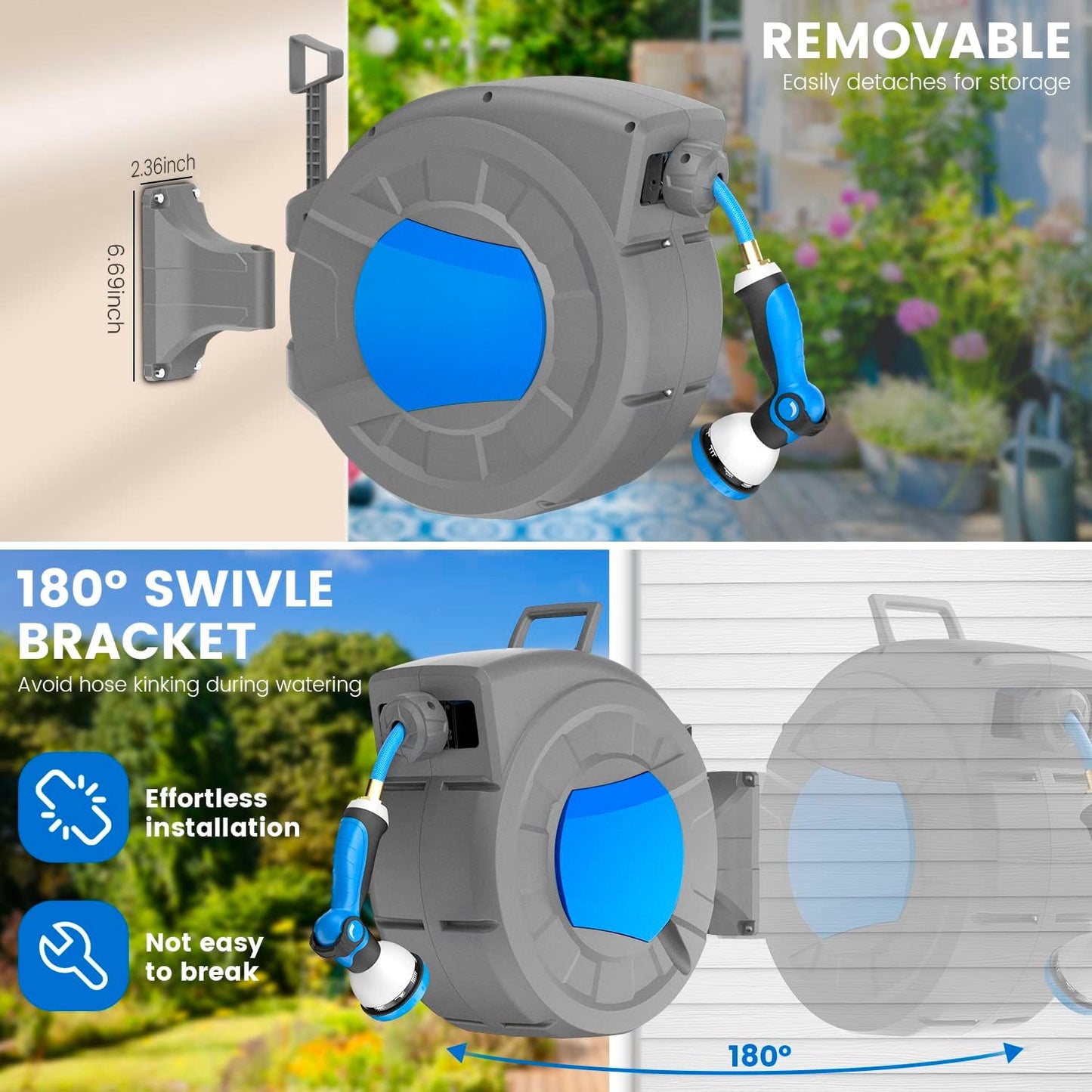 REDUCTUS Retractable Garden Hose Reel Wall Mount 1/2" x 100 ft + 6.5 ft Water Hose Reel for Outside with 10 Pattern Nozzle, Automatic Slow Rewind System/Lock Any Length/180°Swivel