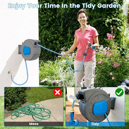 REDUCTUS Retractable Garden Hose Reel Wall Mount 1/2" x 100 ft + 6.5 ft Water Hose Reel for Outside with 10 Pattern Nozzle, Automatic Slow Rewind System/Lock Any Length/180°Swivel