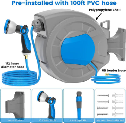 REDUCTUS Retractable Garden Hose Reel Wall Mount 1/2" x 100 ft + 6.5 ft Water Hose Reel for Outside with 10 Pattern Nozzle, Automatic Slow Rewind System/Lock Any Length/180°Swivel