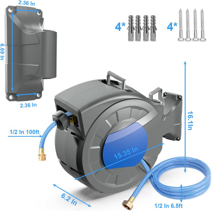REDUCTUS Retractable Garden Hose Reel Wall Mount 1/2" x 100 ft + 6.5 ft Water Hose Reel for Outside with 10 Pattern Nozzle, Automatic Slow Rewind System/Lock Any Length/180°Swivel