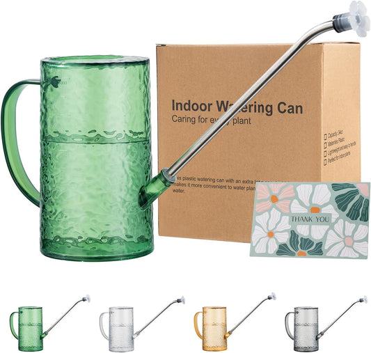 Watering Can for Indoor Plants, Water-Ripple Design Small Plastic Plant Watering Can with Long Spout and Detachable Shower Head for Houseplants, Flowers, and Succulents, 34oz, Forest Green