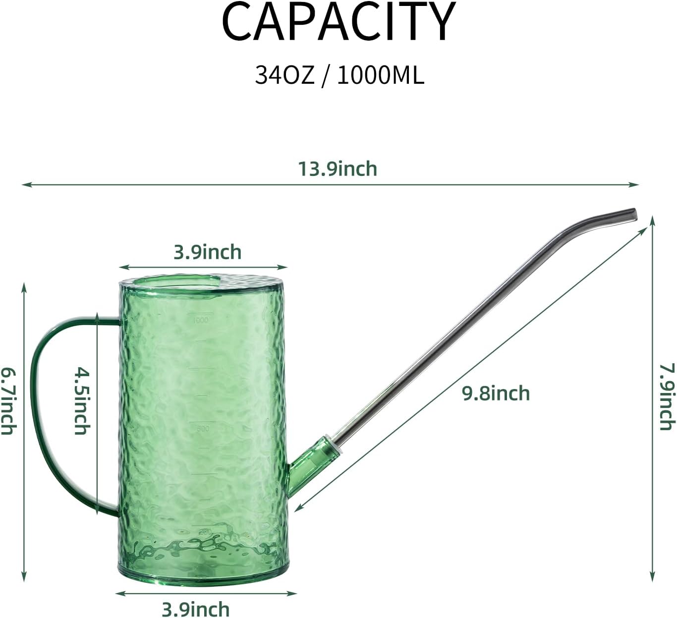 Watering Can for Indoor Plants, Water-Ripple Design Small Plastic Plant Watering Can with Long Spout and Detachable Shower Head for Houseplants, Flowers, and Succulents, 34oz, Forest Green