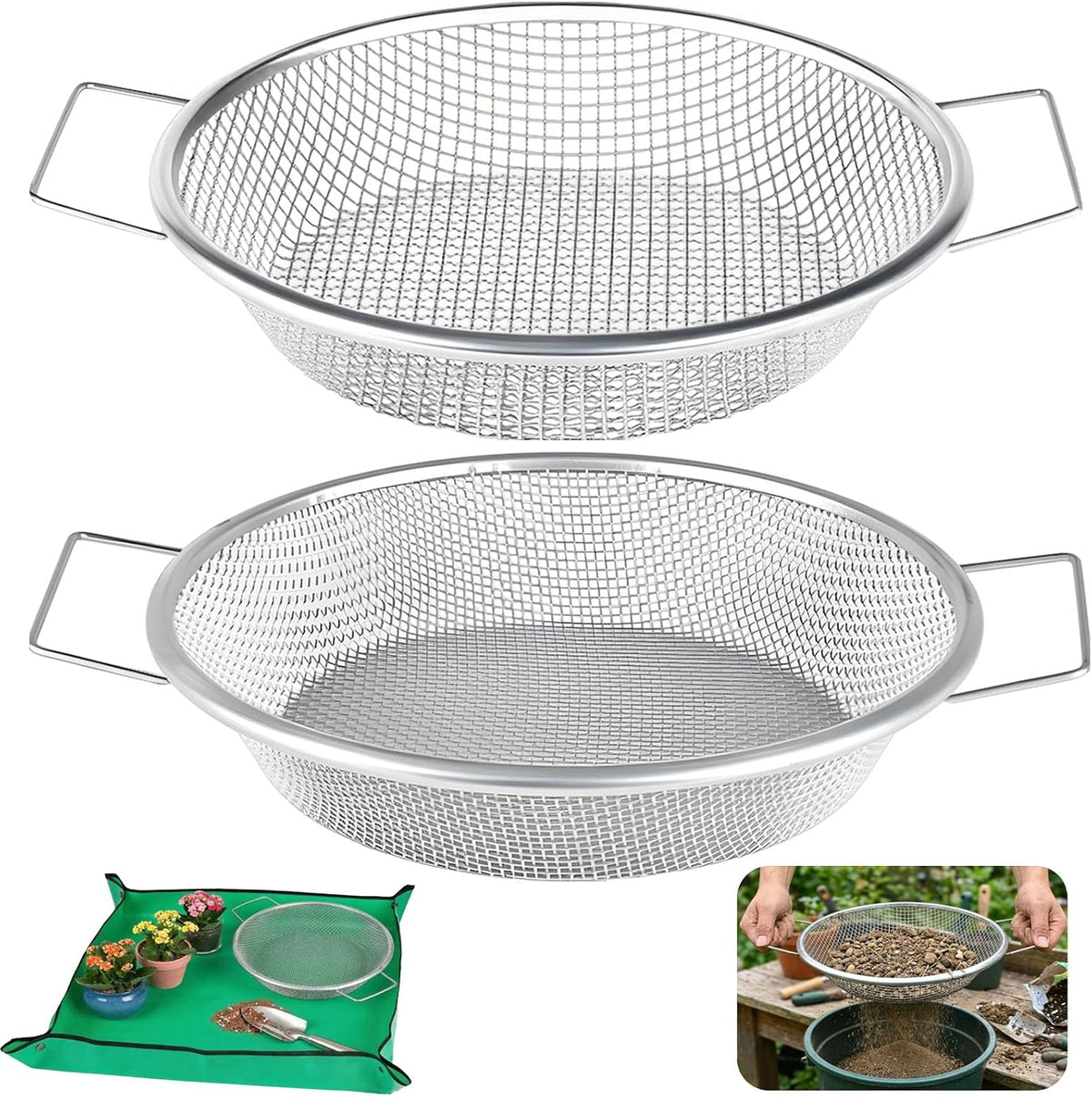 2PCS Soil Sifter for Gardening with Handle,Stainless Steel Rock Compost Soil Sifter for 5 Gallon Bucket,1/4in,1/8in Mesh Garden Sifting Screen Gravel Sawdust Vermicompost with Repotting Mat