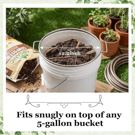 2PCS Soil Sifter for Gardening with Handle,Stainless Steel Rock Compost Soil Sifter for 5 Gallon Bucket,1/4in,1/8in Mesh Garden Sifting Screen Gravel Sawdust Vermicompost with Repotting Mat