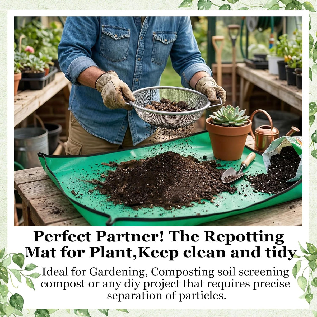 2PCS Soil Sifter for Gardening with Handle,Stainless Steel Rock Compost Soil Sifter for 5 Gallon Bucket,1/4in,1/8in Mesh Garden Sifting Screen Gravel Sawdust Vermicompost with Repotting Mat
