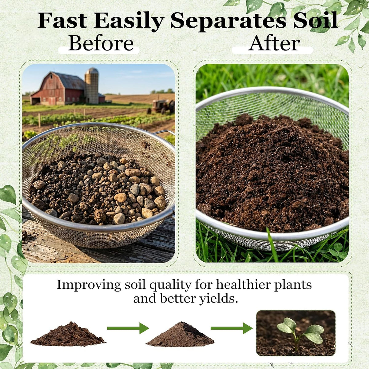 2PCS Soil Sifter for Gardening with Handle,Stainless Steel Rock Compost Soil Sifter for 5 Gallon Bucket,1/4in,1/8in Mesh Garden Sifting Screen Gravel Sawdust Vermicompost with Repotting Mat