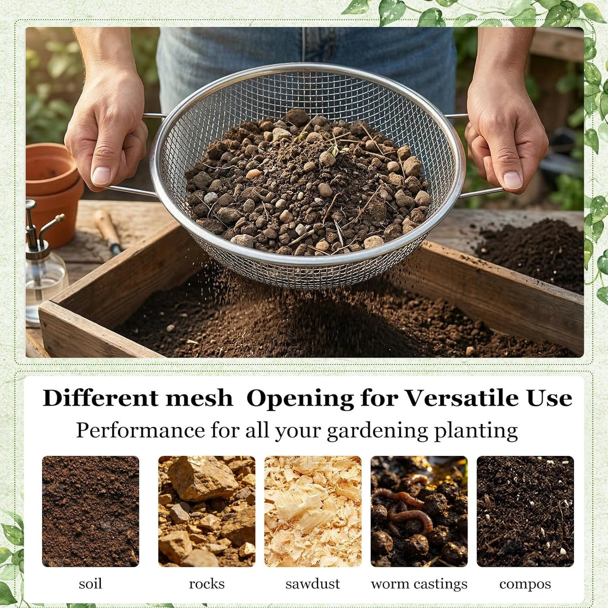 2PCS Soil Sifter for Gardening with Handle,Stainless Steel Rock Compost Soil Sifter for 5 Gallon Bucket,1/4in,1/8in Mesh Garden Sifting Screen Gravel Sawdust Vermicompost with Repotting Mat