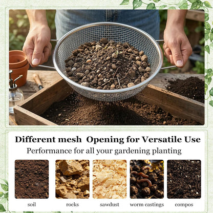 2PCS Soil Sifter for Gardening with Handle,Stainless Steel Rock Compost Soil Sifter for 5 Gallon Bucket,1/4in,1/8in Mesh Garden Sifting Screen Gravel Sawdust Vermicompost with Repotting Mat