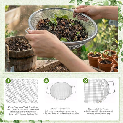 2PCS Soil Sifter for Gardening with Handle,Stainless Steel Rock Compost Soil Sifter for 5 Gallon Bucket,1/4in,1/8in Mesh Garden Sifting Screen Gravel Sawdust Vermicompost with Repotting Mat