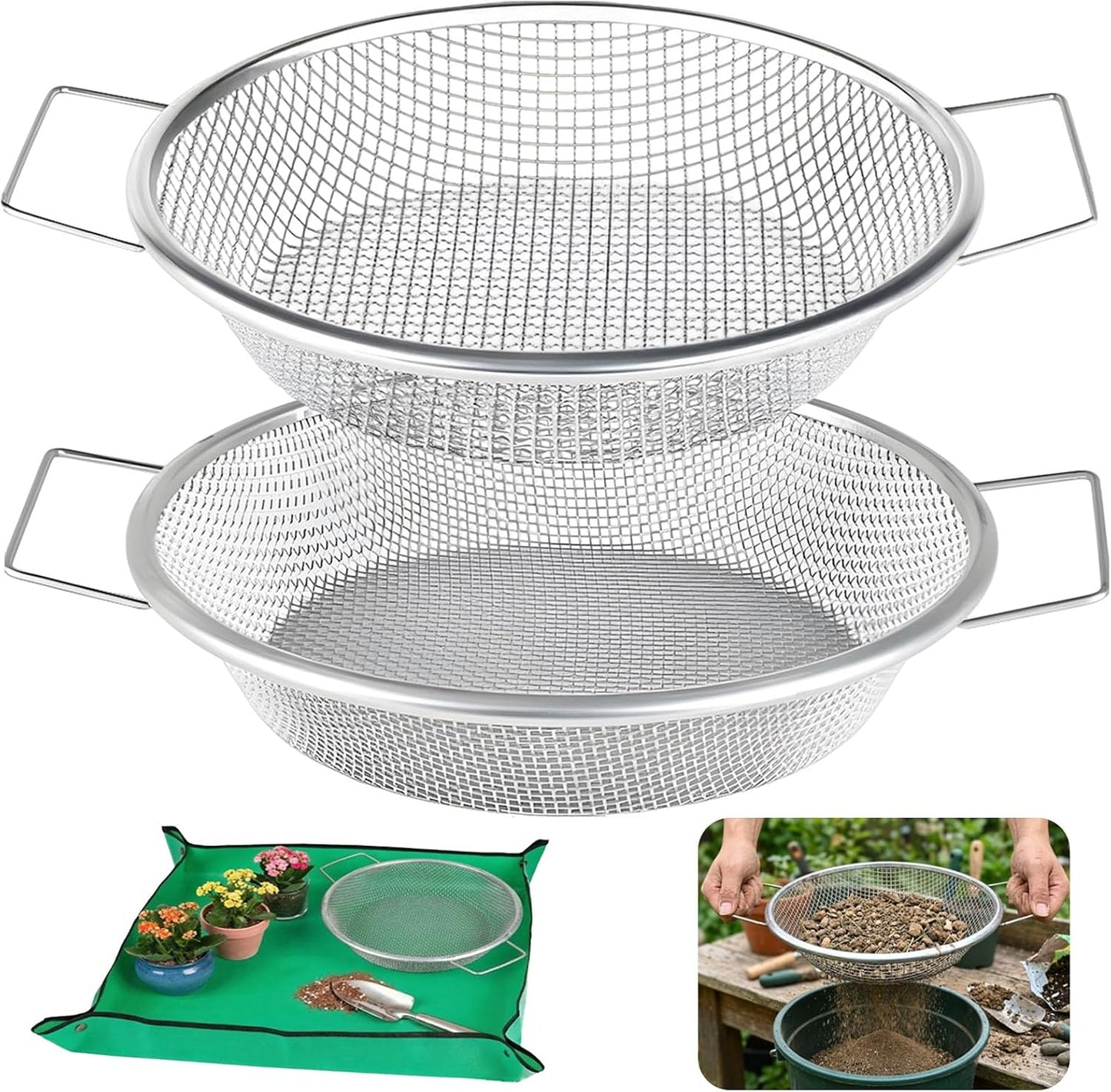 2PCS Soil Sifter for Gardening with Handle,Stainless Steel Rock Compost Soil Sifter for 5 Gallon Bucket,1/4in,1/8in Mesh Garden Sifting Screen Gravel Sawdust Vermicompost with Repotting Mat