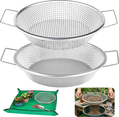 2PCS Soil Sifter for Gardening with Handle,Stainless Steel Rock Compost Soil Sifter for 5 Gallon Bucket,1/4in,1/8in Mesh Garden Sifting Screen Gravel Sawdust Vermicompost with Repotting Mat