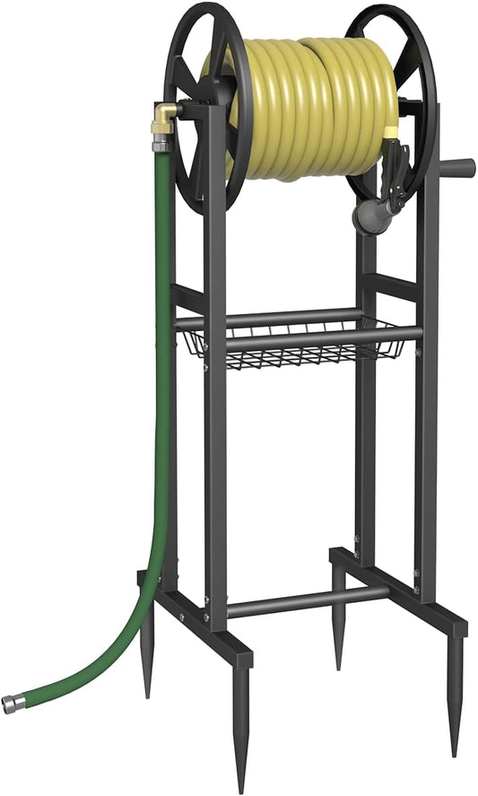 Ground Mount Garden Hose Reel Holds 125 Feet of 5/8-Inch with 3.9 ft Leader Hose, Brass Fitting, Water Hose Holder Stand with Storage Rack & 4 Spikes Base for Outdoor Lawn, Black