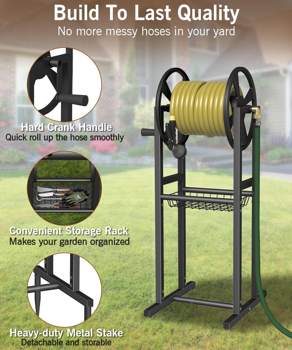 Ground Mount Garden Hose Reel Holds 125 Feet of 5/8-Inch with 3.9 ft Leader Hose, Brass Fitting, Water Hose Holder Stand with Storage Rack & 4 Spikes Base for Outdoor Lawn, Black